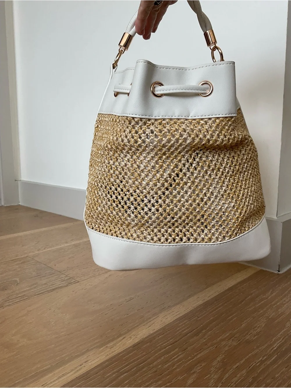 Saks Fifth Avenue White and Natural Woven Drawstring Bucket Bag